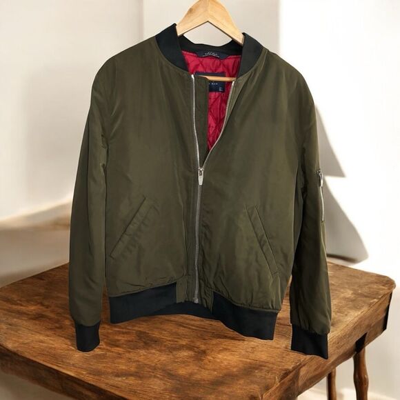 Zara Green and Red interior Varsity Bomber Jacket size large - Picture 1 of 4